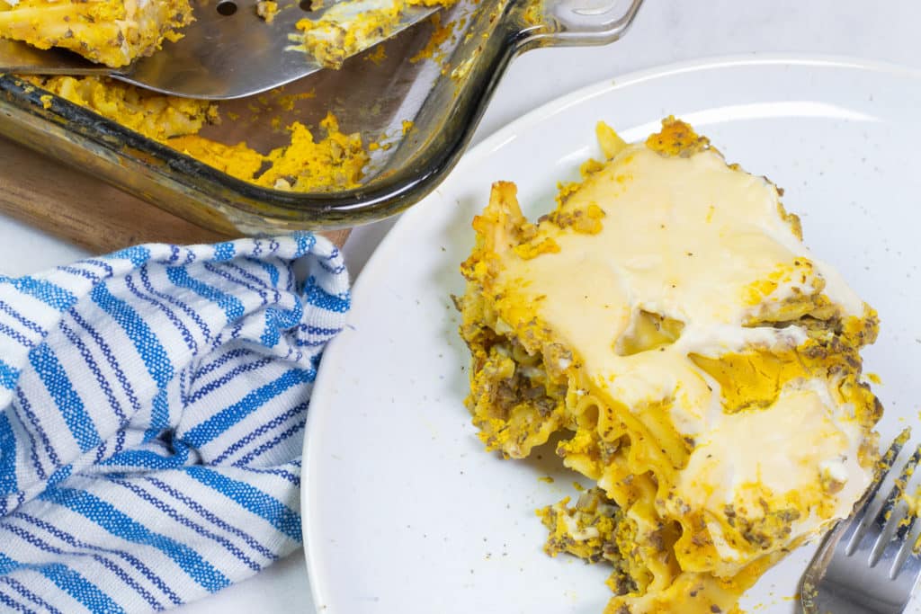 Vegan Cheesy Pumpkin Lasagna Bake on a Plate