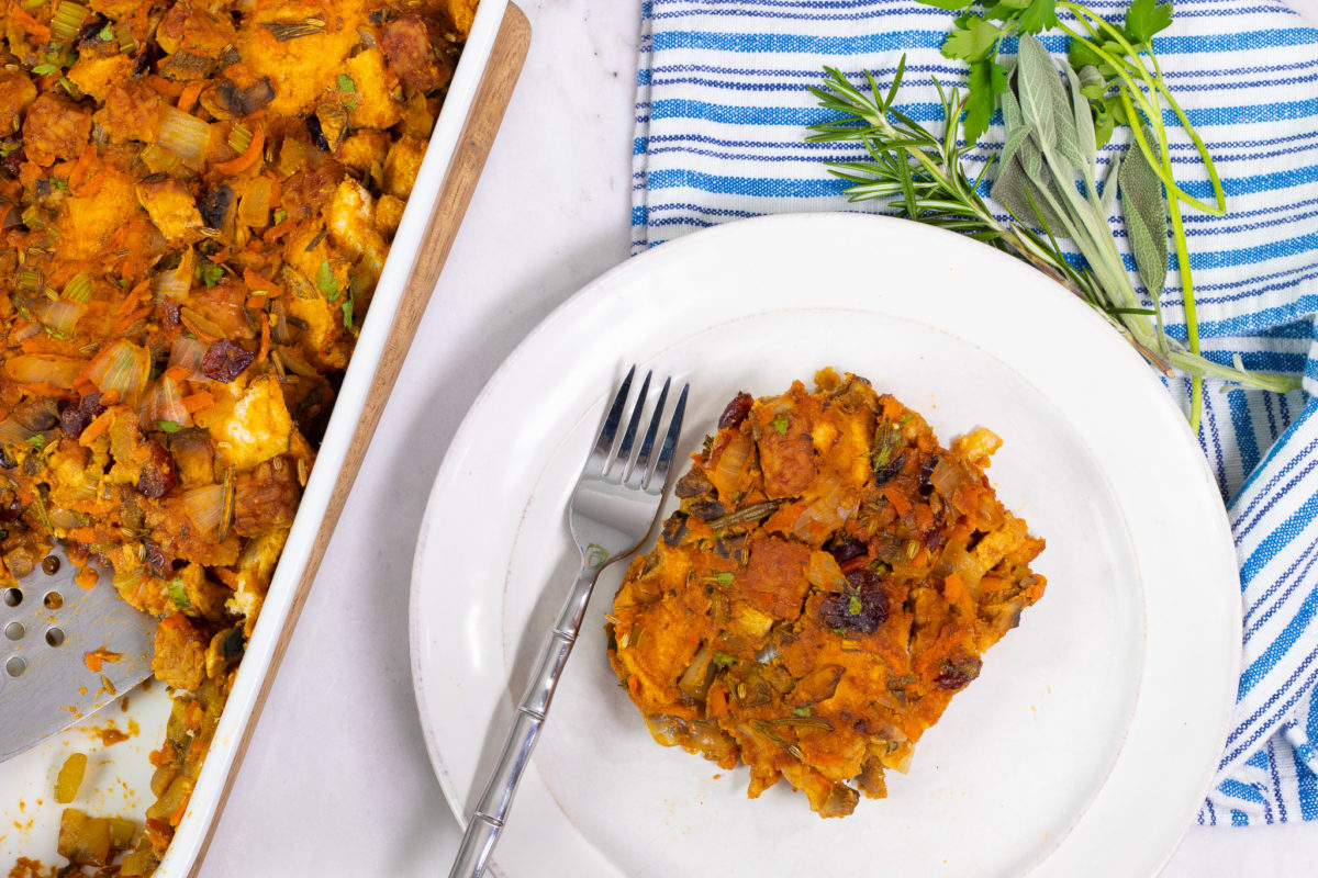 Gluten-Free Holiday Stuffing with Tempeh Sausage and Veggies