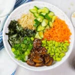 Vegan Customizable Sushi Bowls with many toppings and coconut aminos