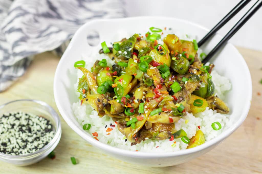 Vegan Chik'n Teriyaki with Oyster Mushrooms and Brussels Sprouts