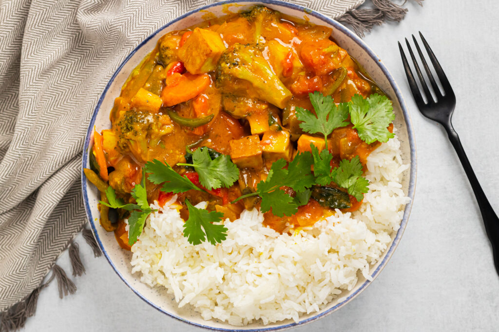 Tofu Vegetable Curry in a bowl with rice