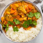 Tofu Vegetable Curry in a bowl with rice