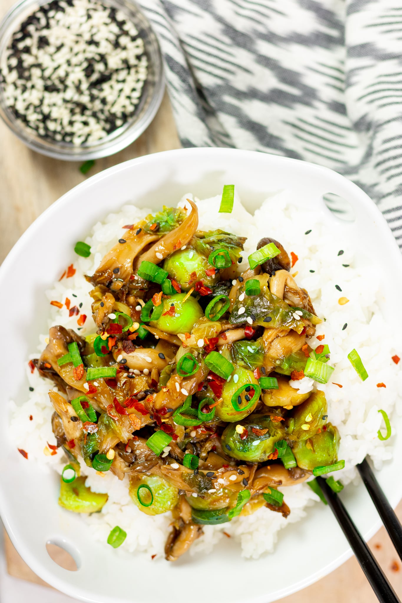 Vegan Chik'n Teriyaki with Oyster Mushrooms and Brussels Sprouts
