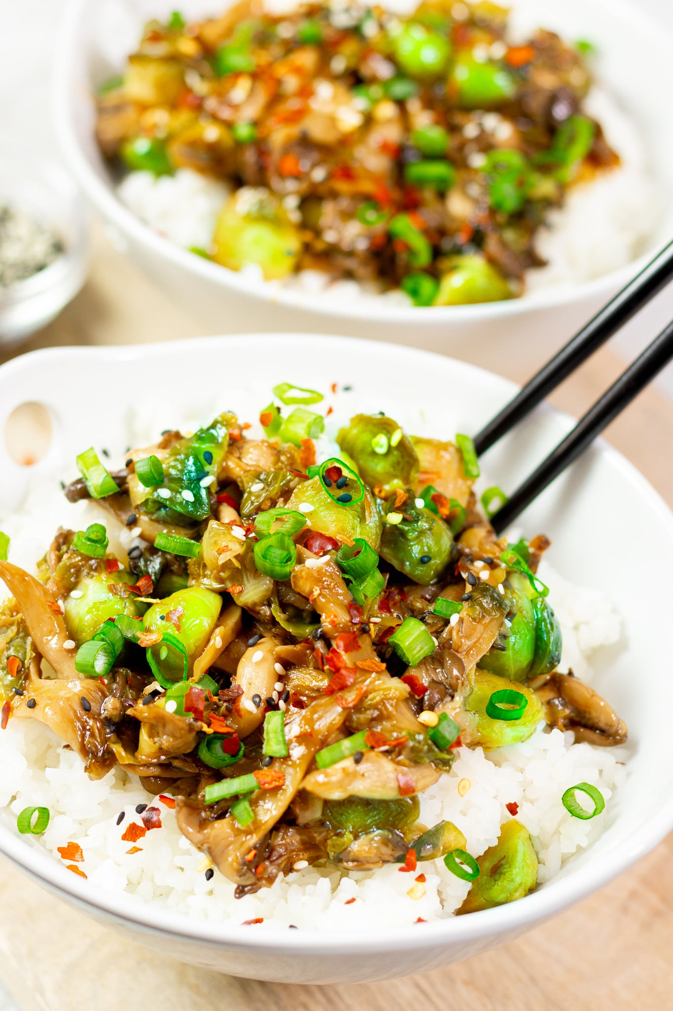 Vegan Chik'n Teriyaki with Oyster Mushrooms and Brussels Sprouts