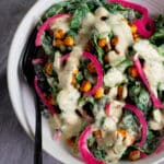 Vegan Caesar Salad with chickpea croutons and pickled red onions