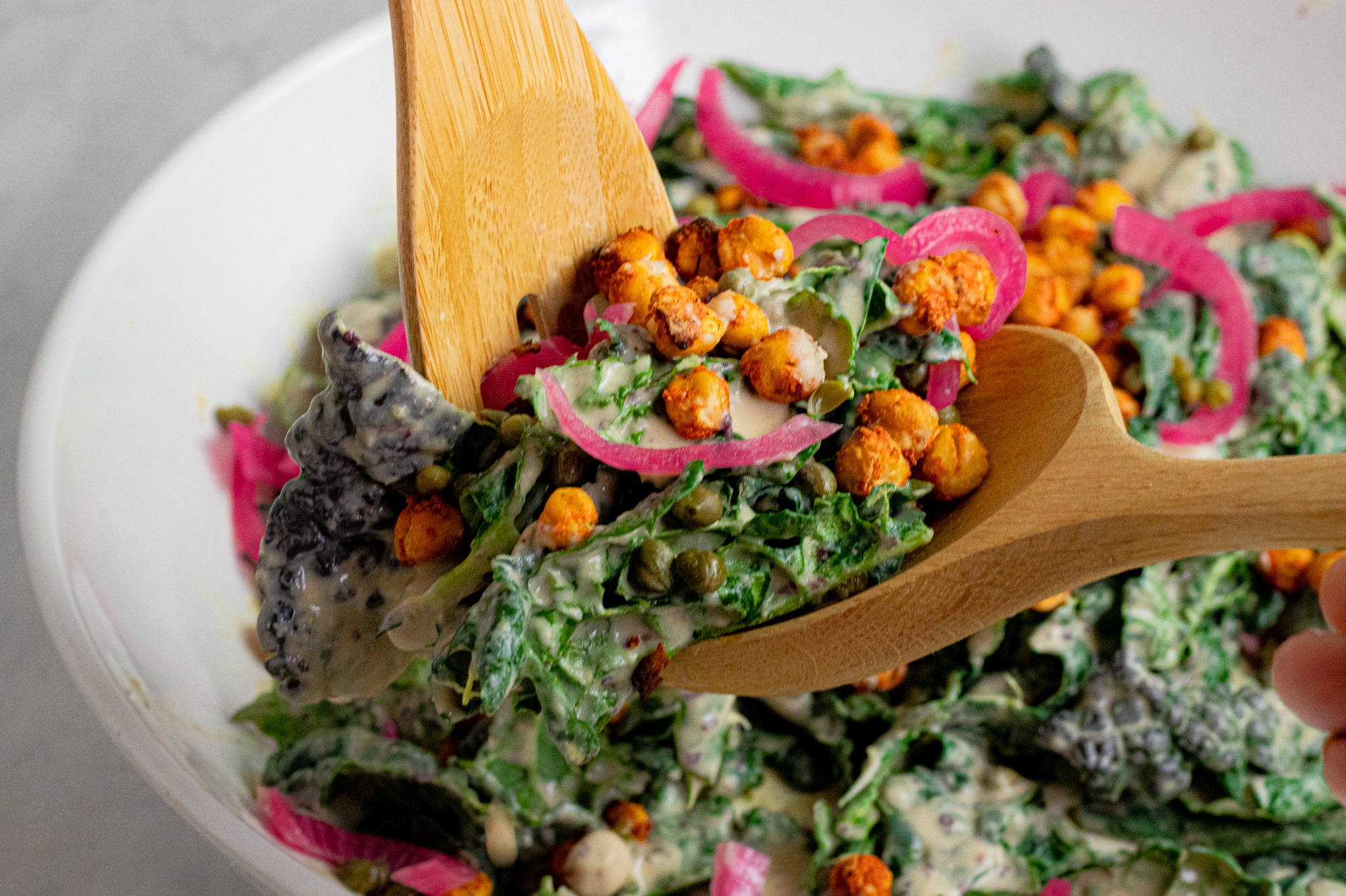 Vegan Kale Caesar Salad with Chickpea Croutons and Pickled Onions