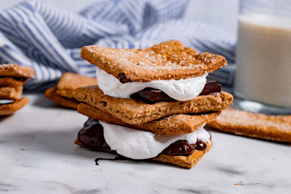 Two stacked vegan smores on a table