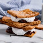 Two stacked vegan smores on a table