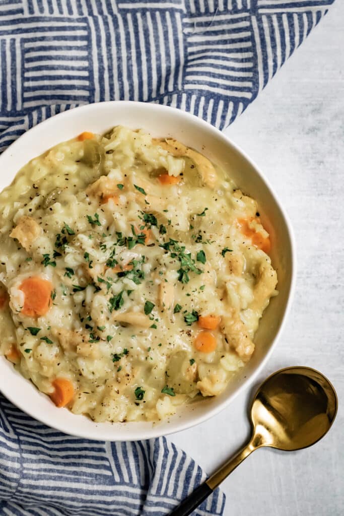 Bowl of vegan cream of chicken soup on a table