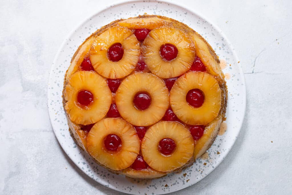 Vegan Pineapple Upside Down Cake on a plate.