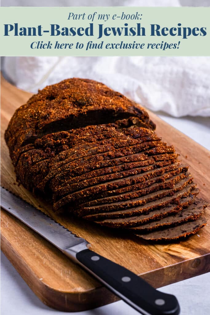 Vegan Corned Beef slices on a cutting board