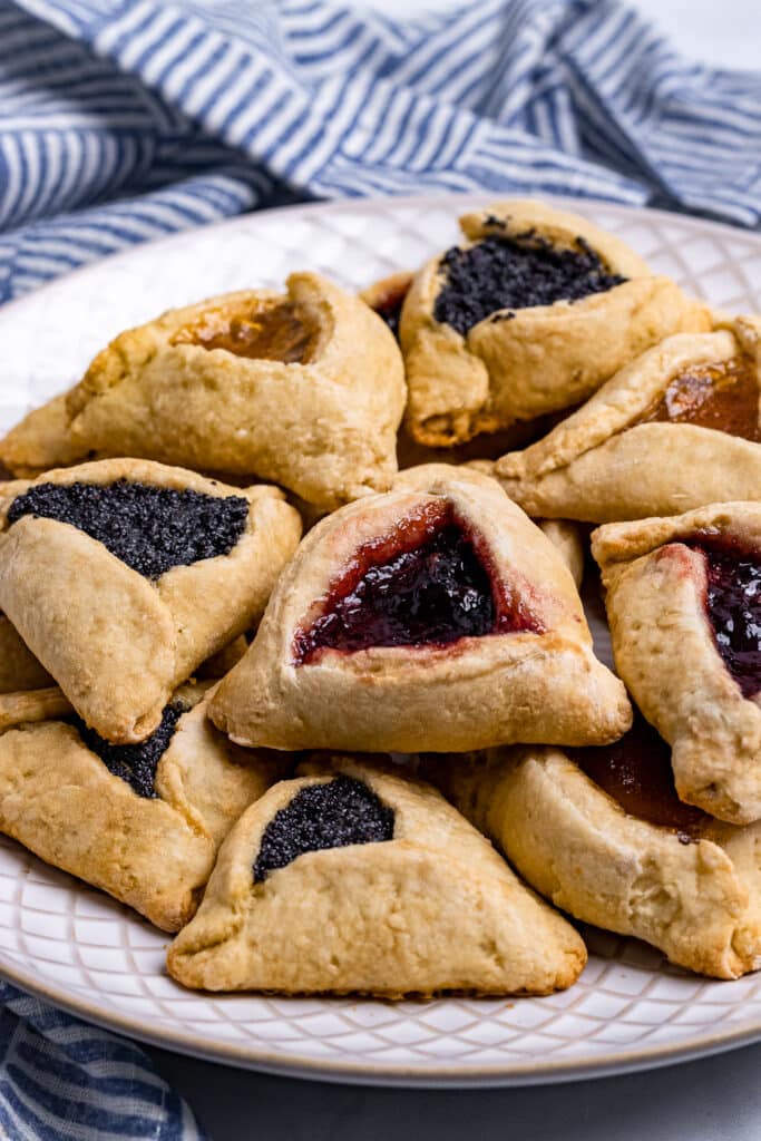 Plate of Hamantaschen with three fillings