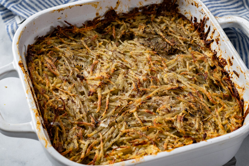Vegan Potato Kugel in a baking dish