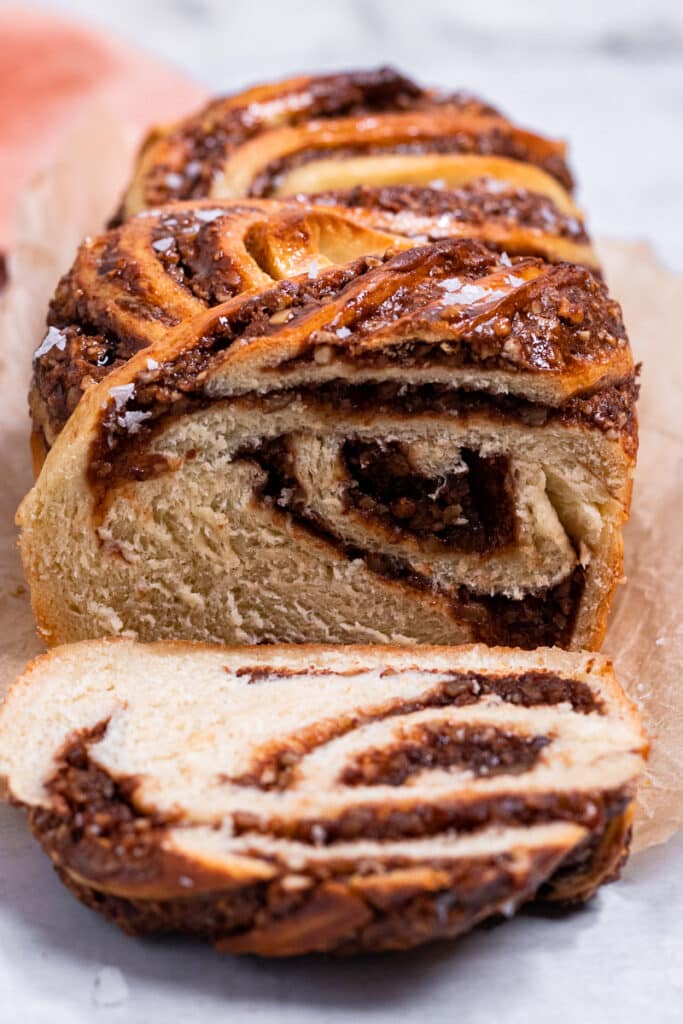 Inside of a vegan chocolate babka with link to Jewish ebook