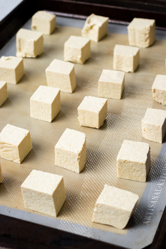 Tofu on a baking tray