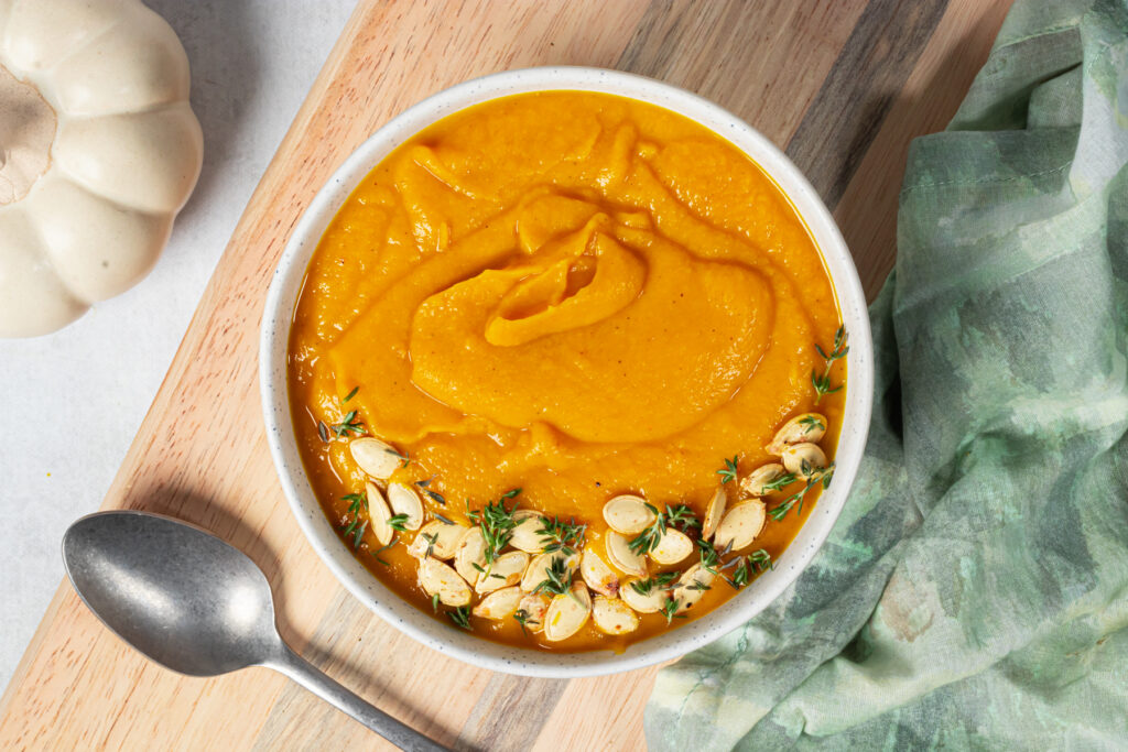 A bowl of vegan pumpkin and sweet potato soup
