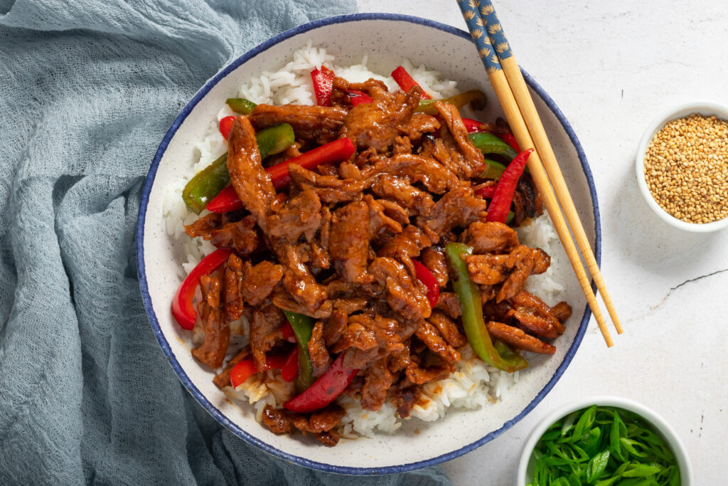 A bowl of vegan pepper steak