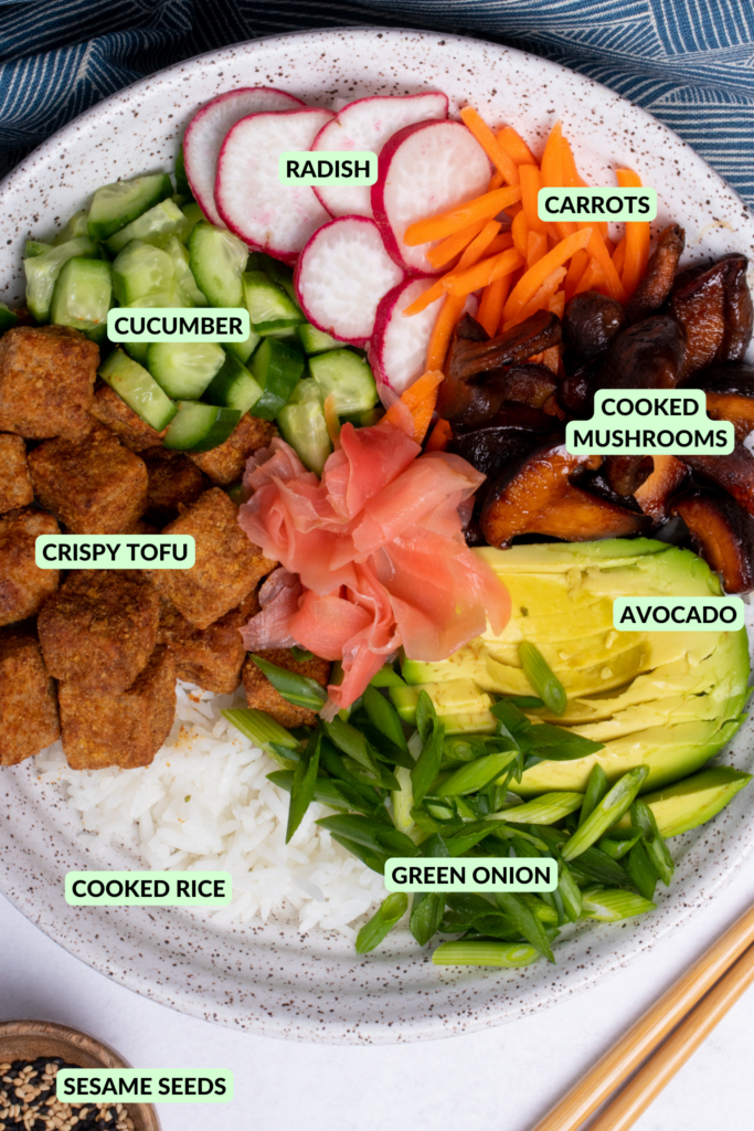 vegan sushi bowl with labeled ingredients in a white bowl.