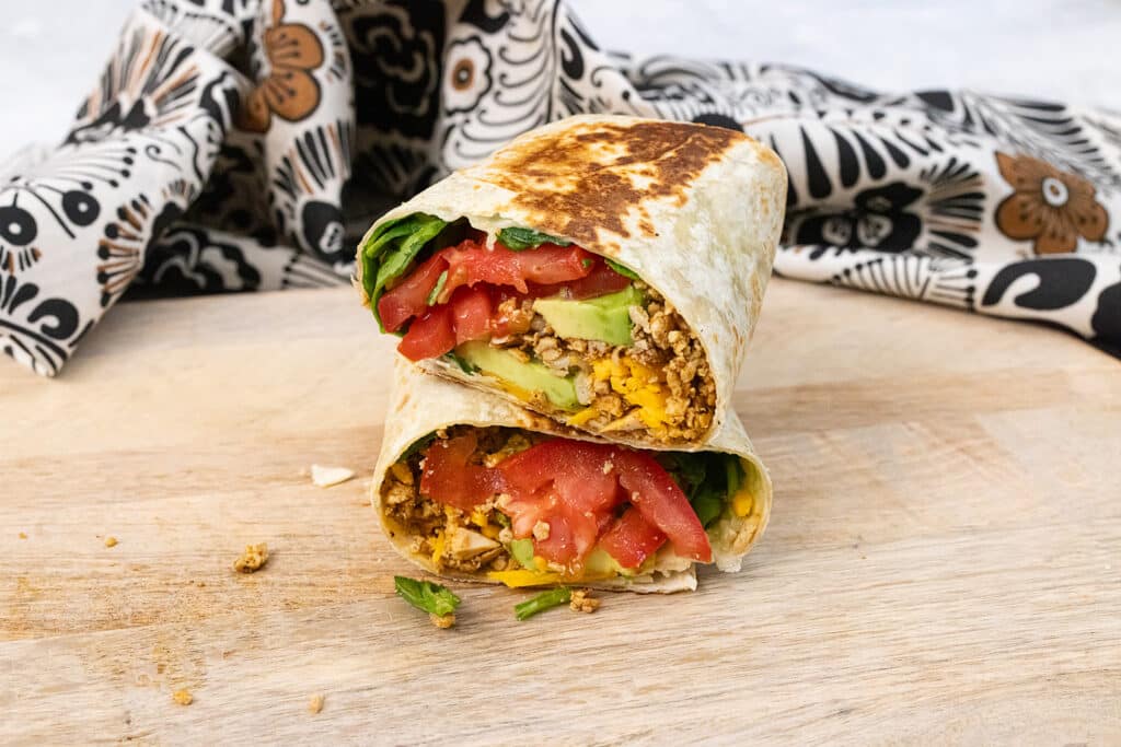 Shredded tofu in a burrito.